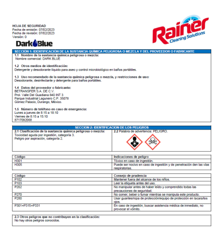 Documento informativo de seguridad con advertencias y detalles sobre un producto químico.