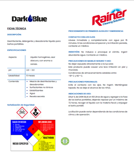 Documento con información técnica sobre productos químicos Dark Blue y Rainer.